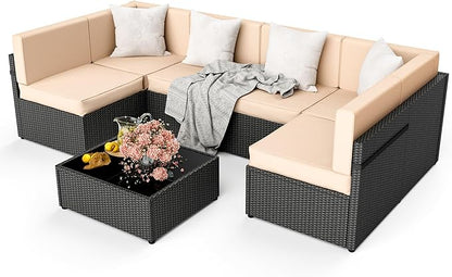 Pamapic Outdoor Rattan Sectional Sofa Conversation Set,7 Pieces Patio Furniture with Tea Table and Washable Cushions, Cream - LeafyLoom