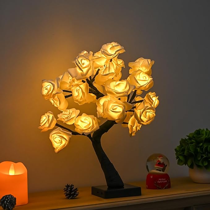 Rose Flower Tree Lamp, Led Rose Table Lamp Gift for Teens Girls Mother Home , Battery Powered, Romantic Tabletop Night Lighting for Bedroom Living Room Party Wedding Valentine's Day Desk Decor - LeafyLoom