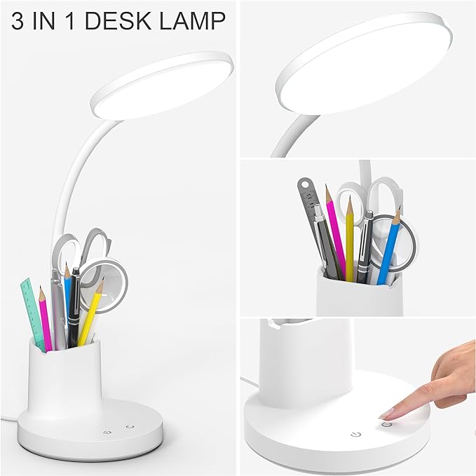 Desk Lamp, LED Desk Lamp for Home Office, Touch Table Lamp with 3 Color Modes 360° Adjustable Arm, Dimmable Desk Light with Pen Phone Holder, White - LeafyLoom