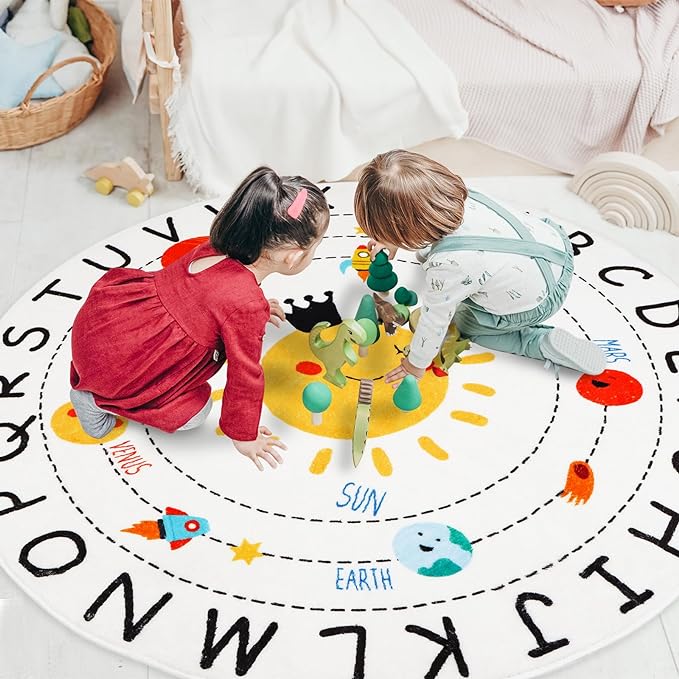 ABC Kids Rug,5.2 ft Washable Nursery Rug,Soft Plush Educational Circle Rug,Non-Slip Solar System Alphabet Rug for Classroom playroom Bedroom Kids Room Decor - LeafyLoom