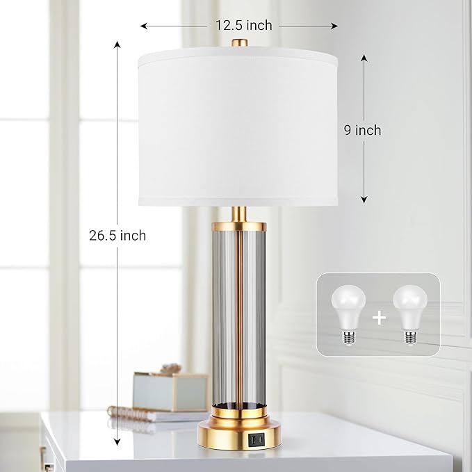 QiMH Touch Control Table Lamp Set of 2 with USB A+C Ports, 3-Way Dimmable Nightstand Lamp with Fabric Cream Shade, Modern Bedside Lamp for Living Room Bedroom Reading, LED Bulbs Included - LeafyLoom