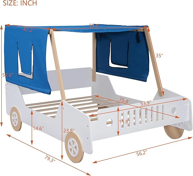 Full Size Race Jeep Car Bed Platform Bed with Tent Canopy and Wheels,Wood Bed Frame W/Raised Bed Design,for Kids Boys Girls Teens,Natural - LeafyLoom