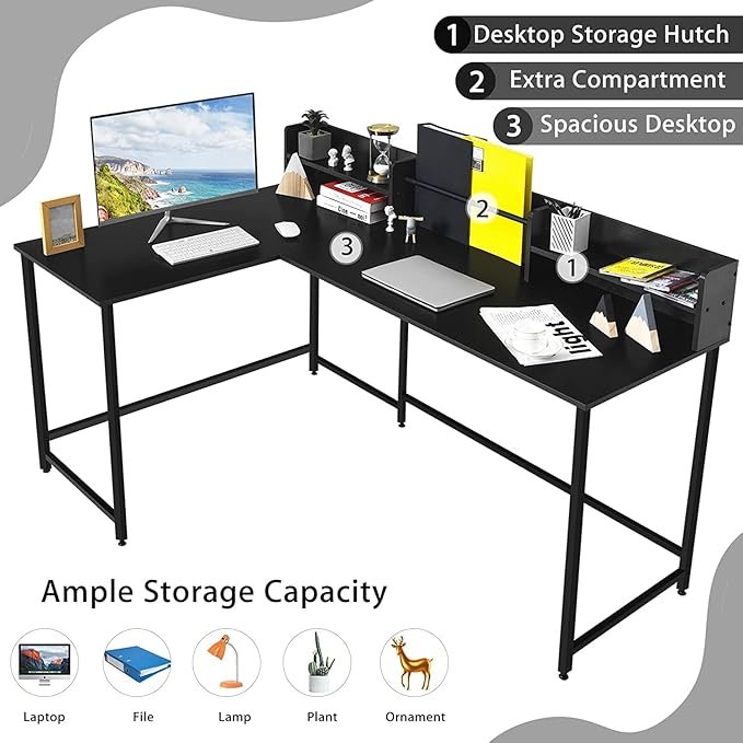 LUARANE 65.5 Inches L-Shaped Desk, Industrial Computer Desk with Hutch File Rack, Space Saving Corner Desk with Metal Frame, Computer Workstation for Home Office (Black) - LeafyLoom