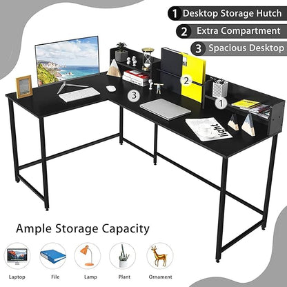 LUARANE 65.5 Inches L-Shaped Desk, Industrial Computer Desk with Hutch File Rack, Space Saving Corner Desk with Metal Frame, Computer Workstation for Home Office (Black) - LeafyLoom