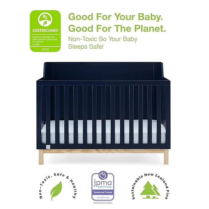 babyGap by Delta Children Oxford 6-in-1 Convertible Crib TrueSleep 2-Stage Deluxe Crib and Toddler Mattress (Bundle), Navy/Natural - LeafyLoom