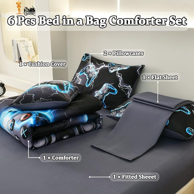 Game Console Twin Comforter Set with Sheets, Microfiber 6 Pcs Bed in A Bag Twin Size Gamer Bedding Set for Boys Kids Teens - LeafyLoom