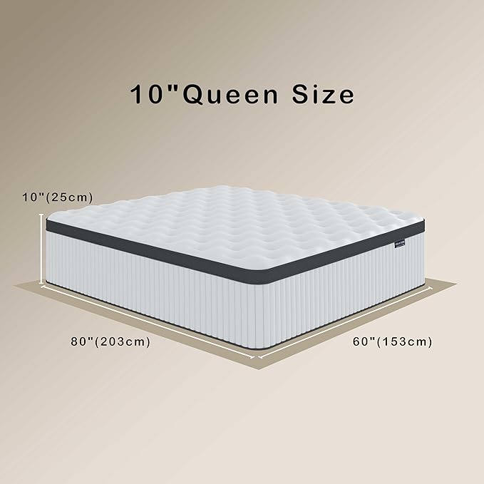 Queen Mattress, 10 Inch Innerspring Hybrid Mattress in a Box with Gel Memory Foam, Individually Wrapped Encased Coil Pocket Spring Mattress, Pressure Relief, Medium Firm Support,60"*80"*10" - LeafyLoom