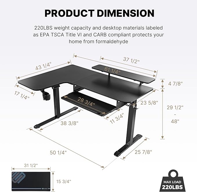 EUREKA ERGONOMIC Standing Desk (61"x43")- L Shaped Desk with Keyboard Tray Adjustable Height Sit Stand Computer Desk Corner Gaming Ergo Desk w Memory Presets, Monitor Stand, LED/USB/Dual Motor, Left - LeafyLoom