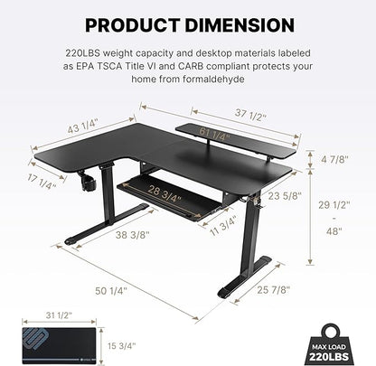 EUREKA ERGONOMIC Standing Desk (61"x43")- L Shaped Desk with Keyboard Tray Adjustable Height Sit Stand Computer Desk Corner Gaming Ergo Desk w Memory Presets, Monitor Stand, LED/USB/Dual Motor, Left - LeafyLoom