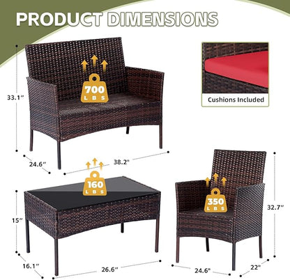 Patio Furniture Set 4 Pieces Conversation Sets Outdoor Wicker Rattan Chairs Garden Backyard Balcony Porch Poolside Loveseat with Soft Cushion and Tempered Glass Table(Brown/Red) - LeafyLoom