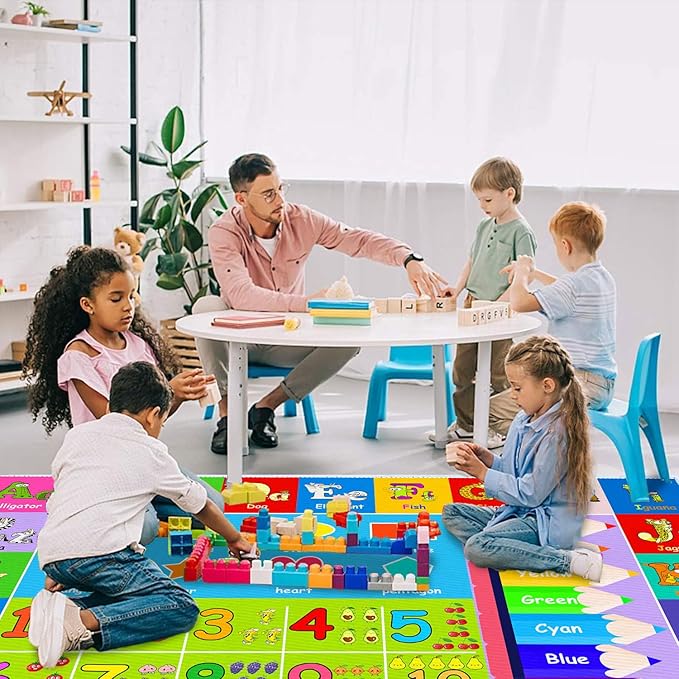 Kids Alphabet Play Game Rug - 7'x10' ABC Numbers and Shapes Educational Learning Toddler Carpet - Kids Room Playroom Classroom Kindergarten Activity Fun Soft Non-Slip Mat - LeafyLoom