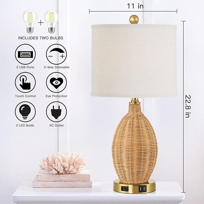 Touch Control Rattan Table Lamps, 3 Way Dimmable Bedside Lamps for Bedroom Set of 2 with 2 USB Ports and AC Outlet, Gold Wicker Nightstand Lamps for Living Room Office (LED Bulbs Included) - LeafyLoom