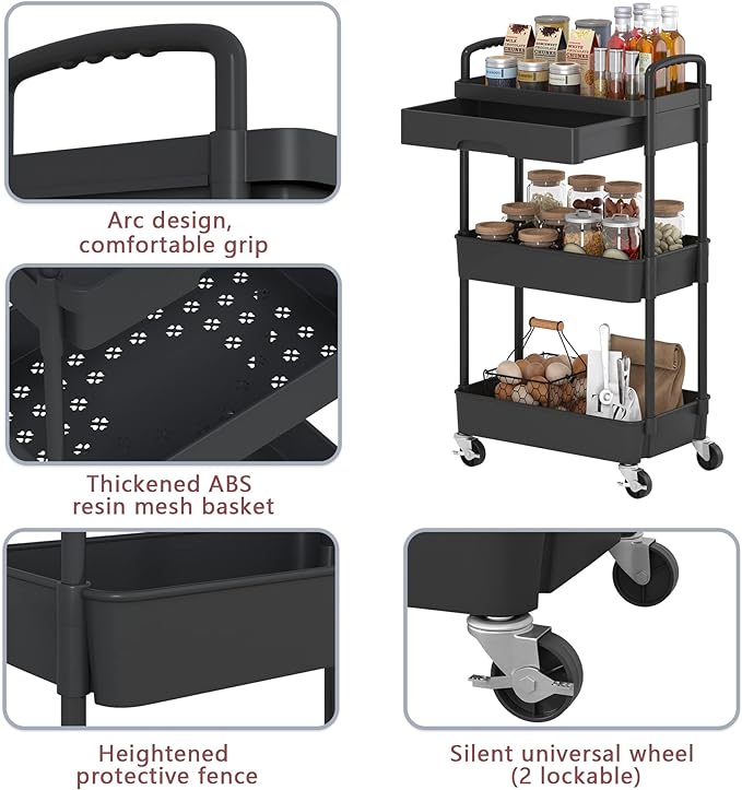 3-Tier Rolling Cart，Trolley with Drawer, Multifunctional Storage Organizer with Plastic Shelf & Metal Wheels, Kitchen Storage Cart for Living Room, Kitchen, Office, Bathroom, Black - LeafyLoom