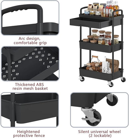 3-Tier Rolling Cart，Trolley with Drawer, Multifunctional Storage Organizer with Plastic Shelf & Metal Wheels, Kitchen Storage Cart for Living Room, Kitchen, Office, Bathroom, Black - LeafyLoom