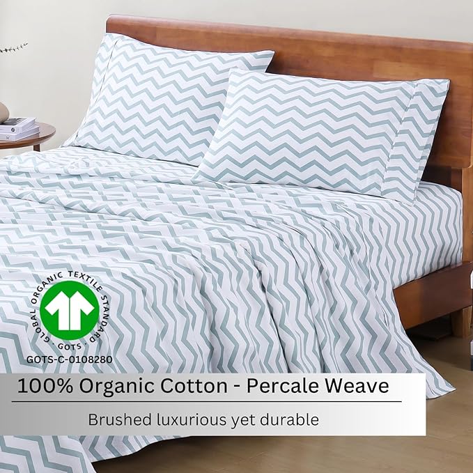 LANE LINEN 100% Organic Cotton Twin XL Sheets Set 3-Piece Pure Percale Bedsheets Bedding Breathable Fits Mattress Upto 15" Deep - Cool Blue Chevron - LeafyLoom