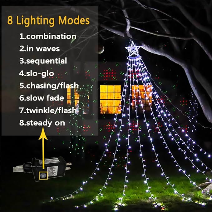 Aokudoni Christmas Decorations Outside, 12.6FT 350 LED 8 Modes Star Christmas Lights Outdoor, Christmas Lights for House Yard Porch Holiday Decoration, Cool White Aokudoni