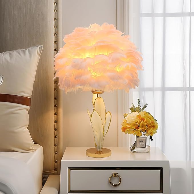 ZYLEIESENBAO Girl Lamp Creative Feather Table Lamp Gold Pink Bedside Princess Lamp Goose Feather Desk Lamp Simple Atmosphere Decoration Art Wedding Romantic Table Lamp - LeafyLoom