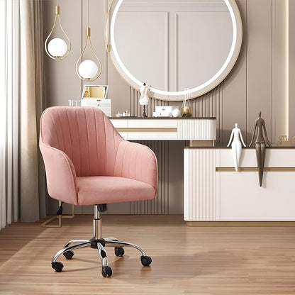 Yaheetech Velvet Vanity Chair Makeup Chair Cute Office Chair Aesthetic Desk Chair Height Adjustable Task Chairs 360° Swivel Computer Chair Living Room Chairs with Arms&Stainless Base Accent Pink - LeafyLoom