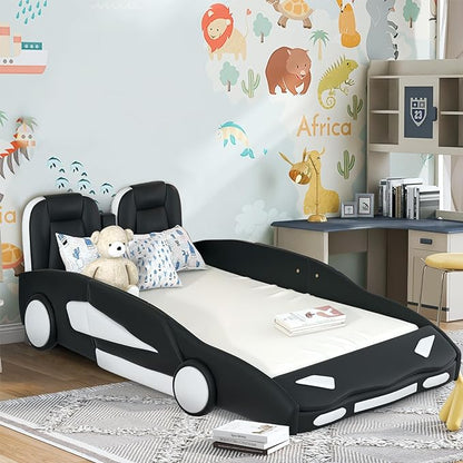 Twin Size Race Car-Shaped Bed Frame for Kids, Wooden Platform Bed with Guardrail and Upholstered Headboard, Wheels and Support Slats, for Boys Girls Child's Bedroom, No Spring Need (Black) - LeafyLoom