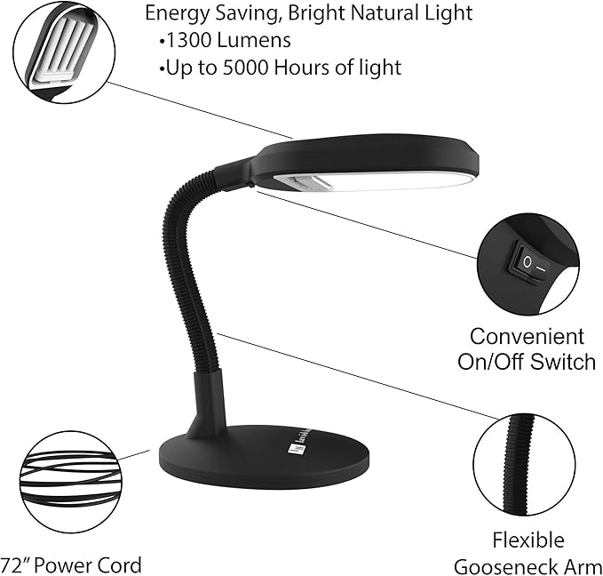 Lavish Home 72-0893 Natural Sunlight Desk Lamp with Adjustable Gooseneck Arm - Great for Reading and Crafting - LeafyLoom