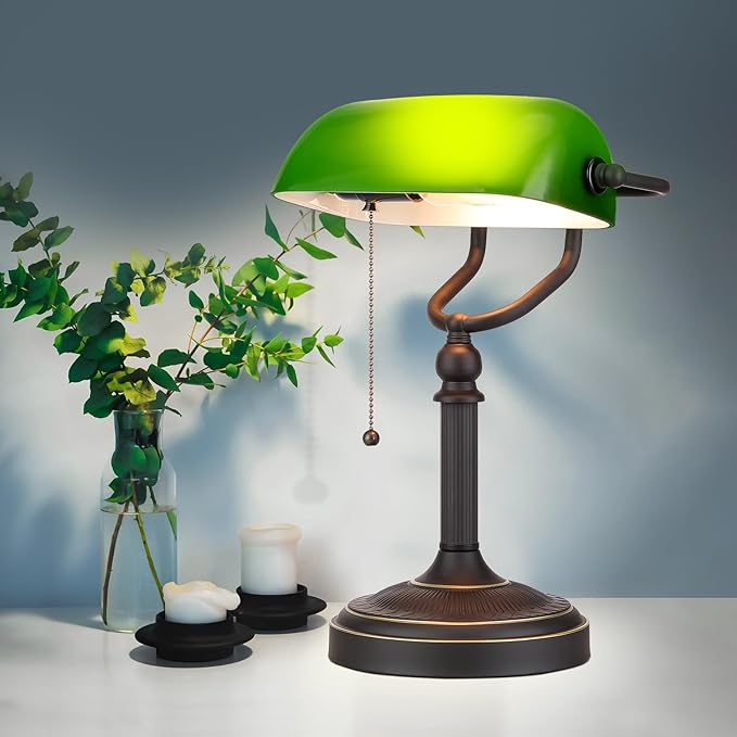 Newrays Antique Green Glass Bankers Desk Lamp with Pull Chain Switch Plug in Fixture - LeafyLoom