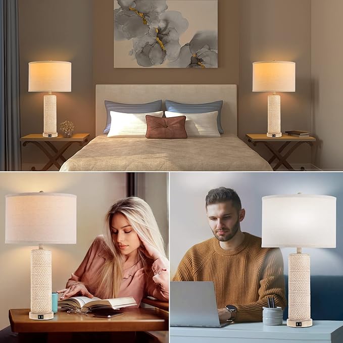 Set of 2 Contemporary Table Lamp, Ceramic Bedside Lamps with 3 Color Temperature, 27.5'' Nightstand Lamp Sets with USB Ports Linen Fabric Shade End Table Lamps for Living Room Bedroom, Bulb Included - LeafyLoom