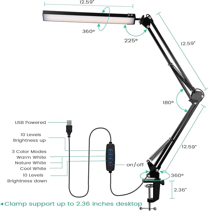 Swing Arm Desk Lamps for Architect Drafting or Computer Light, LED Bar Clamp Lamp - LeafyLoom