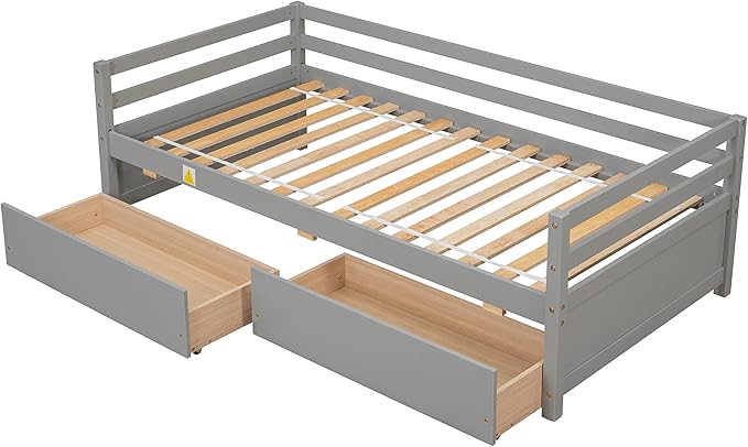 Twin Daybed with 2 Storage Drawers,Pinewood Twin Size Daybed Frame with Guardrail,for Boys/Girls/Teens Bedroom, Easy to Assemble, No Box Spring Needed,Grey - LeafyLoom