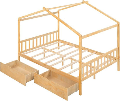 Full Bed Frame with Headboard and Footboard, Low House Bed/Full Bed Frame with Storage Drawer, Wood Bed Frame for Kids, Girls, Boys, Teens, Full Bed Frame Natural - LeafyLoom