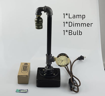 Steampunk Lamp with Dimmer, Dimmable Loft Style Industrial Vintage Antique Style Light with Bulb, Wood Base with Iron Piping Desk Lamp, Retro Desk Lamp LL-035 - LeafyLoom