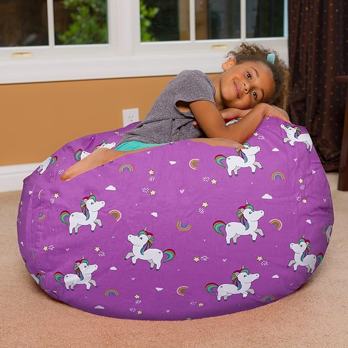 Posh Creations Bean Bag Chair for Kids, Teens, and Adults Includes Removable and Machine Washable Cover, 38in - Large, Canvas Unicorn and Rainbows on Purple - LeafyLoom