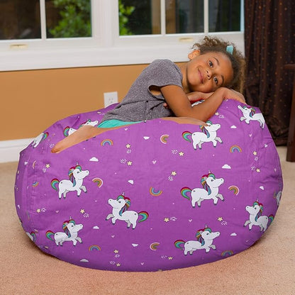 Posh Creations Bean Bag Chair for Kids, Teens, and Adults Includes Removable and Machine Washable Cover, 38in - Large, Canvas Unicorn and Rainbows on Purple - LeafyLoom