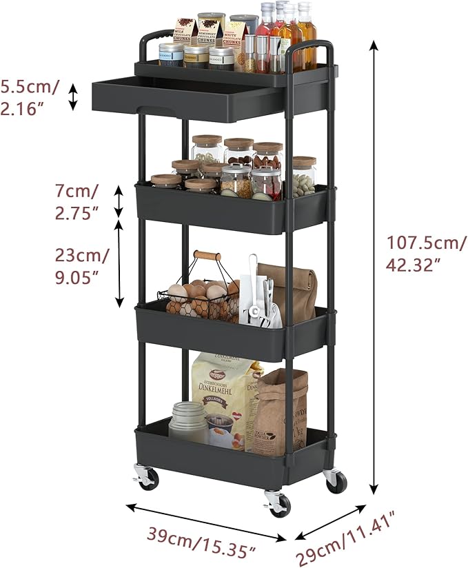 4-Tier Rolling Cart，Trolley with Drawer, Kitchen Storage Organizer with Plastic Shelf & Metal Wheels, Storage Cart for Living Room, Kitchen, Office, Bathroom, Black - LeafyLoom