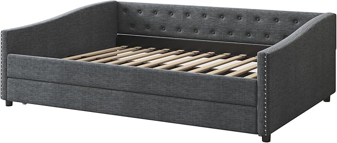 Full Size Upholstered Daybed with Twin Size Trundle,Wood Sofa Bed Frame W/Button Tufted Back and Nailhead Decorated Waved Shape Arms,Slat Support,for Bedroom,Living Room,Apartment,Dark Gray - LeafyLoom