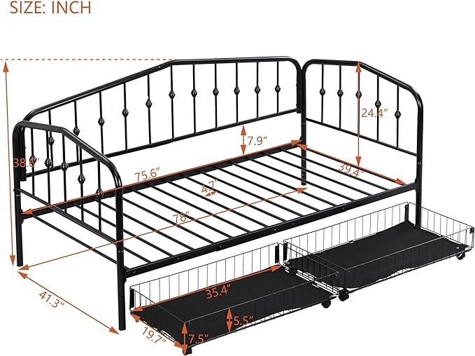 Twin Size Stylish Metal Daybed with 2 Drawers,Easy Assembly,Sofa Bed for Bedroom Living Guest-Room Apartment,Black - LeafyLoom