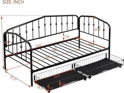 Twin Size Stylish Metal Daybed with 2 Drawers,Easy Assembly,Sofa Bed for Bedroom Living Guest-Room Apartment,Black - LeafyLoom