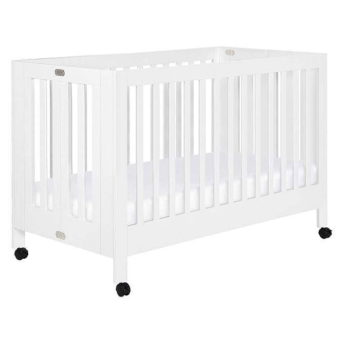 Babyletto Maki Full-Size 2-in-1 Portable Folding Crib with Toddler Bed Conversion Kit in White, Greenguard Gold Certified - LeafyLoom