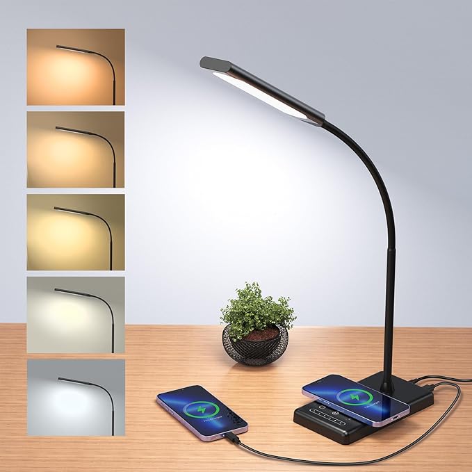 LED Desk Lamp, Touch Adjustable Table Lamp with 10W Wireless Charging 5 Modes and 6 Brightness Levels Eye Protection Reading Light 48 LED Memory Function Home Office Desk Light Black - LeafyLoom