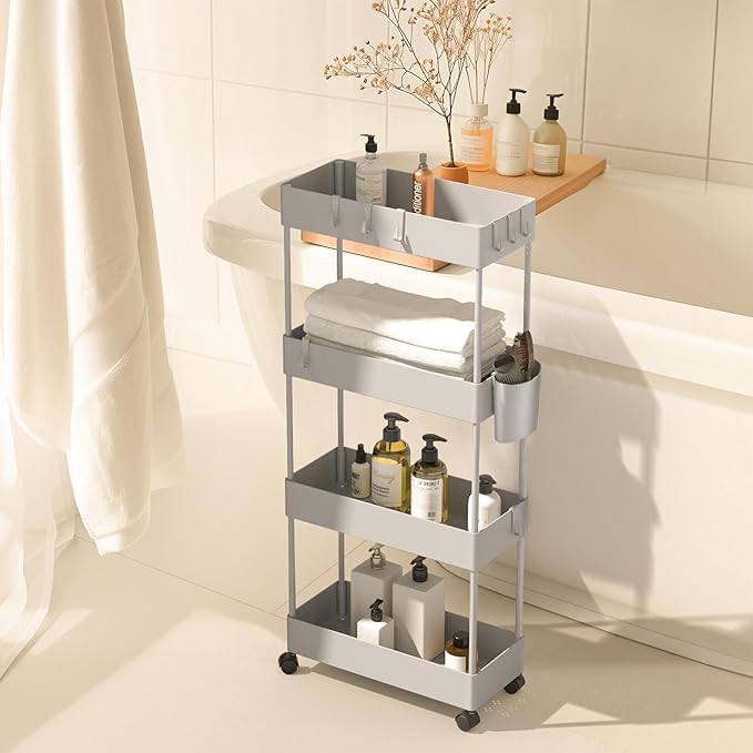 Pipishell Slim Storage Cart with Wheels, 4 Tier Bathroom Storage Organizer Rolling Utility Cart for Bathroom Kitchen Laundry Room Office Narrow Place (Gray) - LeafyLoom