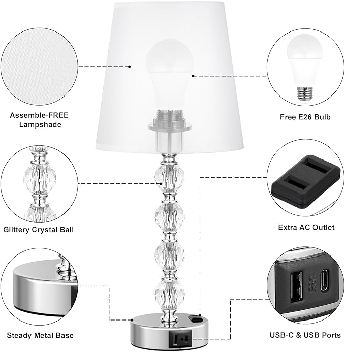 Bedside Lamps for bedrooms Set of 2 Nightstand - Large Crystal Table Lamps with USB C Charging Ports and AC Outlet, 3 Way Dimmable Touch Control Silver Bed Side Table Lamp for Living Room/Dining Room - LeafyLoom