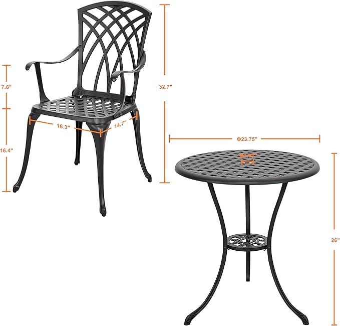 NUU GARDEN Patio Bistro Sets 3 Piece Cast Aluminum Bistro Table and Chairs Set with Umbrella Hole Bistro Set of 2 for Patio Backyard, Black - LeafyLoom