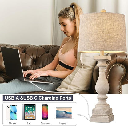 BOBOMOMO Retro 27" USB Charging Ports A/C Wash-White Farmhouse Lamps for Bedrooms Side Table Lamps Bedside Lamp for Nightstand Living Room 1 Pack - LeafyLoom