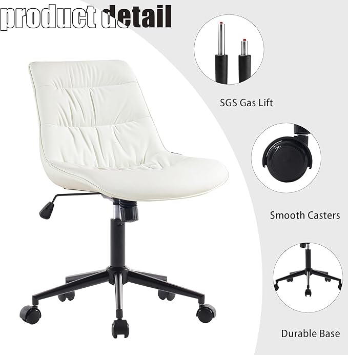 Kidol & Shellder Armless Office Chair Desk Chair Comfy Makeup Vanity Chair with Back Ergonomic Swivel Chair Home Office Desk Chairs with Wheels Rolling Computer Chair Bedroom Accent Chair(White) - LeafyLoom