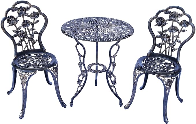 KAILI Outdoor Furniture Bistro Set with Rose Pattern 1 Table 2 Chairs for Garden Patio Porch (Rose-Bronzed) - LeafyLoom