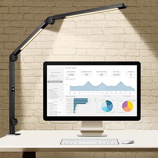 EppieBasic Led Desk Lamp with Clamp, Dual Light Swing Arm Architect Desk Light for Home Office, Dimmable & 4-Color Modes, 12W Eye-Care Office Lighting with Memory & Timer for Monitor Studios Reading - LeafyLoom