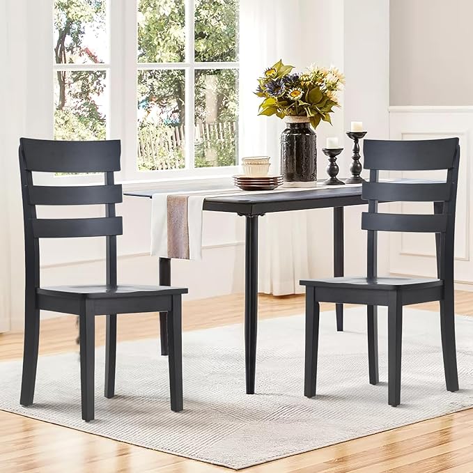 COLAMY Wooden Dining Chairs Set of 6, Ladder High Back Kitchen Side Chair, Farmhouse Armless Dining Room Chairs with Adjustable Foot Pegs, Black - LeafyLoom