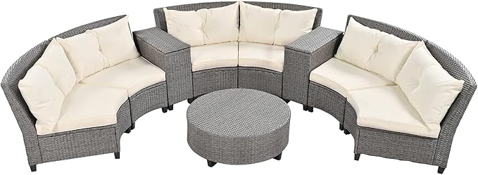 9 Pieces Outdoor Furniture Half Moon Wicker Patio Sets with Coffee Table, All-Weather Fan-Shaped Curved Sectional Sofa Couch with Beige Cushions, Onesize, Gray Rattan - LeafyLoom