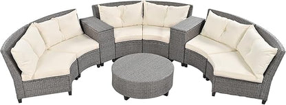 9 Pieces Outdoor Furniture Half Moon Wicker Patio Sets with Coffee Table, All-Weather Fan-Shaped Curved Sectional Sofa Couch with Beige Cushions, Onesize, Gray Rattan - LeafyLoom