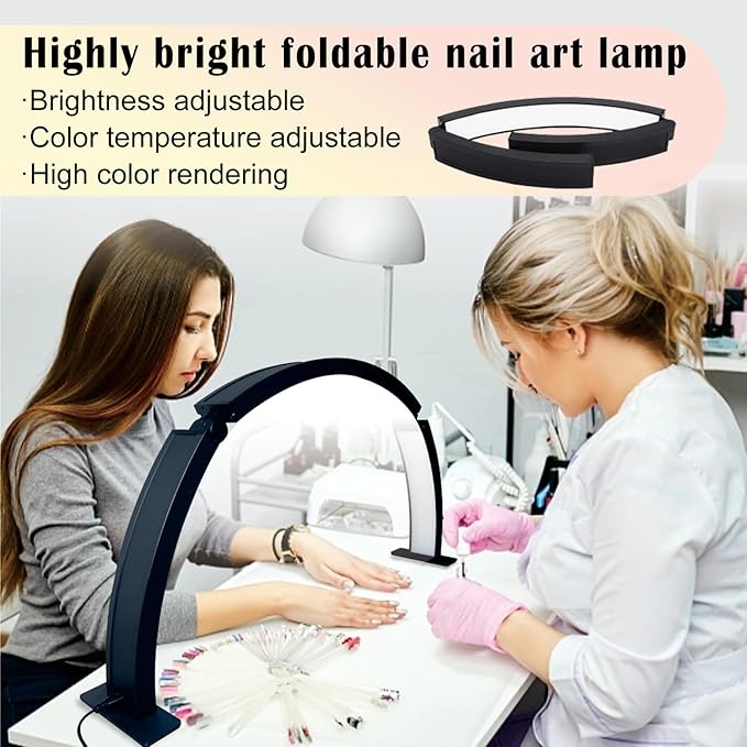 Half Moon Nail Desk Lamp 29.5In, Foldable Half Moon Nail Desk Light with Phone Stand, 48w LED Manicure Lamp, 3 Brightness Settings, Arch Light for Nail Techs, for Nails, Beauty, Crafts, Tattoo (White) - LeafyLoom