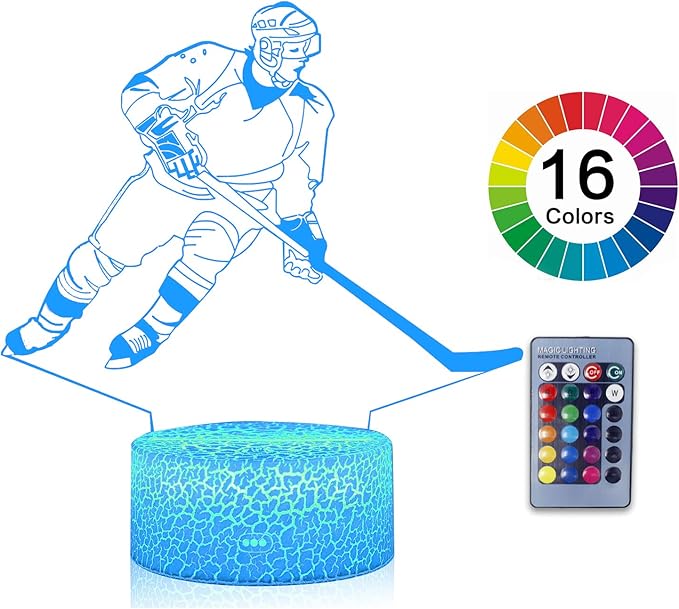 Teenager christmas gifts xmas gift 3D Illusion Hockey Night Light Lamp 16 Color Change Touch White Crack Base with Remote Control Birthday Gift for Boys and Girls Hockey lover - LeafyLoom